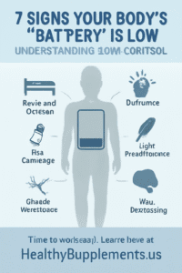 Professional featured image illustrating "low cortisol symptoms" titled "7 Signs Your Body's Battery Is Low: Understanding Low Cortisol," showing a faded human silhouette with an empty battery icon over the chest and seven connecting lines to symptom icons including profound fatigue, dizziness, salt cravings, muscle weakness, low motivation, stress intolerance, and skin darkening, designed with calming soft blues, light greys, and white to represent adrenal insufficiency symptoms.