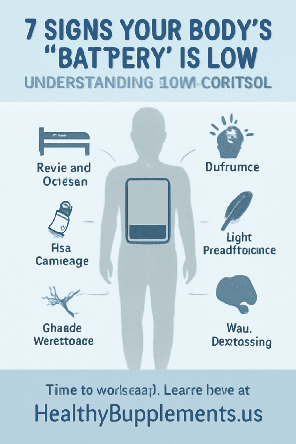 Professional featured image illustrating "low cortisol symptoms" titled "7 Signs Your Body's Battery Is Low: Understanding Low Cortisol," showing a faded human silhouette with an empty battery icon over the chest and seven connecting lines to symptom icons including profound fatigue, dizziness, salt cravings, muscle weakness, low motivation, stress intolerance, and skin darkening, designed with calming soft blues, light greys, and white to represent adrenal insufficiency symptoms.
