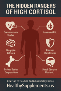 Professional medical infographic illustrating the "long-term effects of high cortisol" titled "The Hidden Dangers of High Cortisol," showing a transparent human silhouette with seven connecting lines to serious health risk icons including cardiovascular disease, cognitive decline, osteoporosis, diabetes risk, immune suppression, digestive issues, and mental health disorders, designed with deep red, dark grey, and white medical palette to highlight chronic cortisol health consequences.