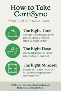 An infographic guide explaining how to take CortiSync, showing the 5 expert tips for correct dosage, timing with breakfast, and the importance of consistency.