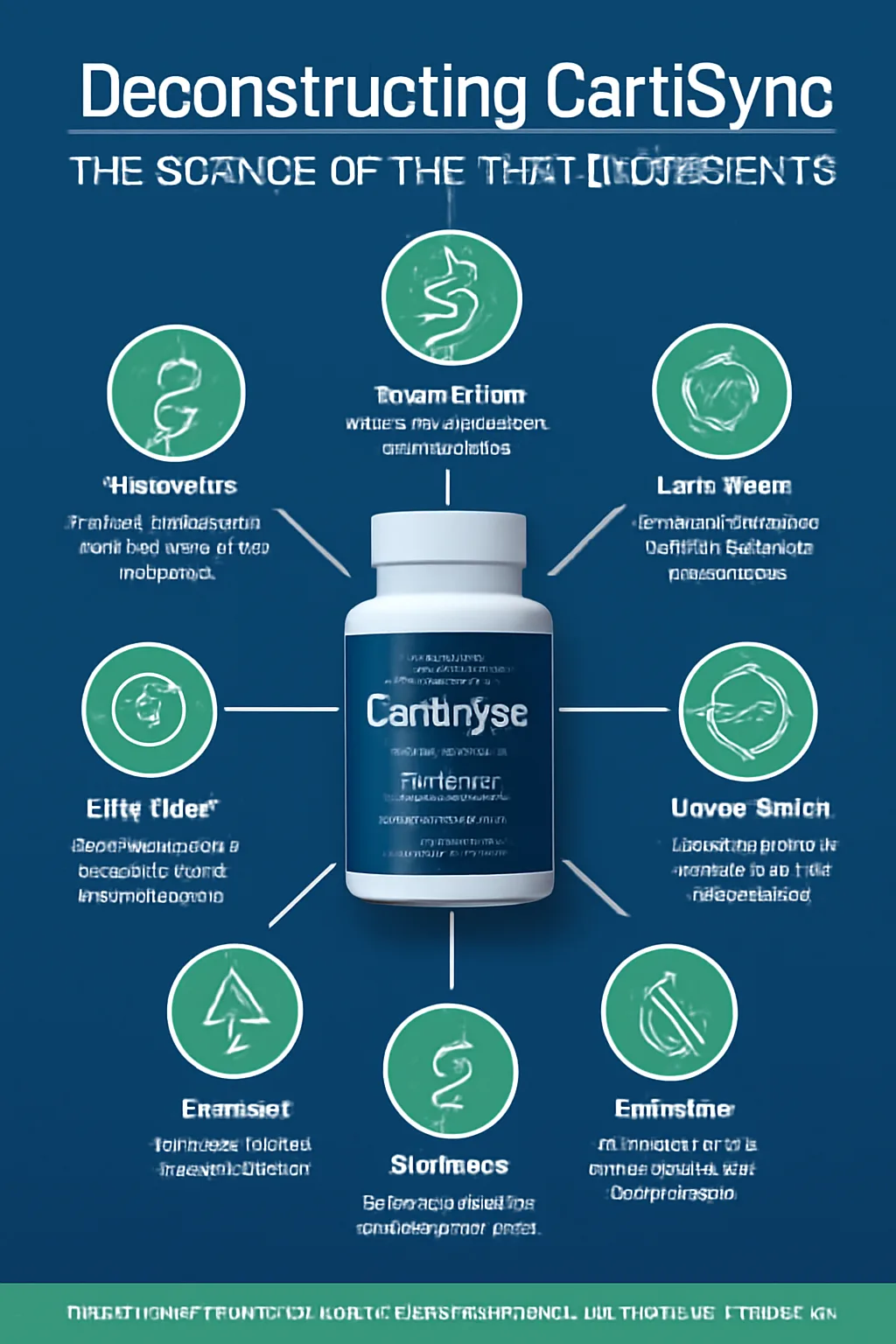 Professional scientific infographic about "cortisync ingredients" titled "Deconstructing CortiSync: The Science of the 7 Key Ingredients" featuring a central high-quality CortiSync bottle image with seven radiating lines to icons and descriptions of patented components including Sensoril Ashwagandha for cortisol reduction, L-Theanine for calm focus, Holy Basil for stress protection, Lemon Balm for mood support, Rhodiola for energy, Magnolia for sleep regulation, and Lichi for weight management, designed in deep blue, green, and white modern scientific style.