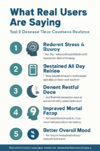 An infographic summarizing the top 5 benefits from CortiSync user reviews, including stress reduction, better sleep, and improved energy.