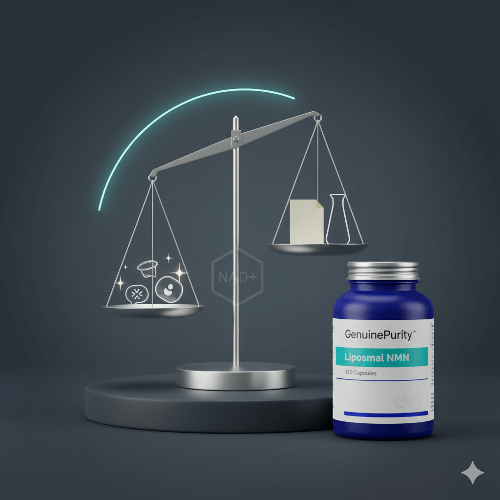 does nmn really work for aging — studio evidence bench with balance scale, research cues, and GenuinePurity Liposomal NMN