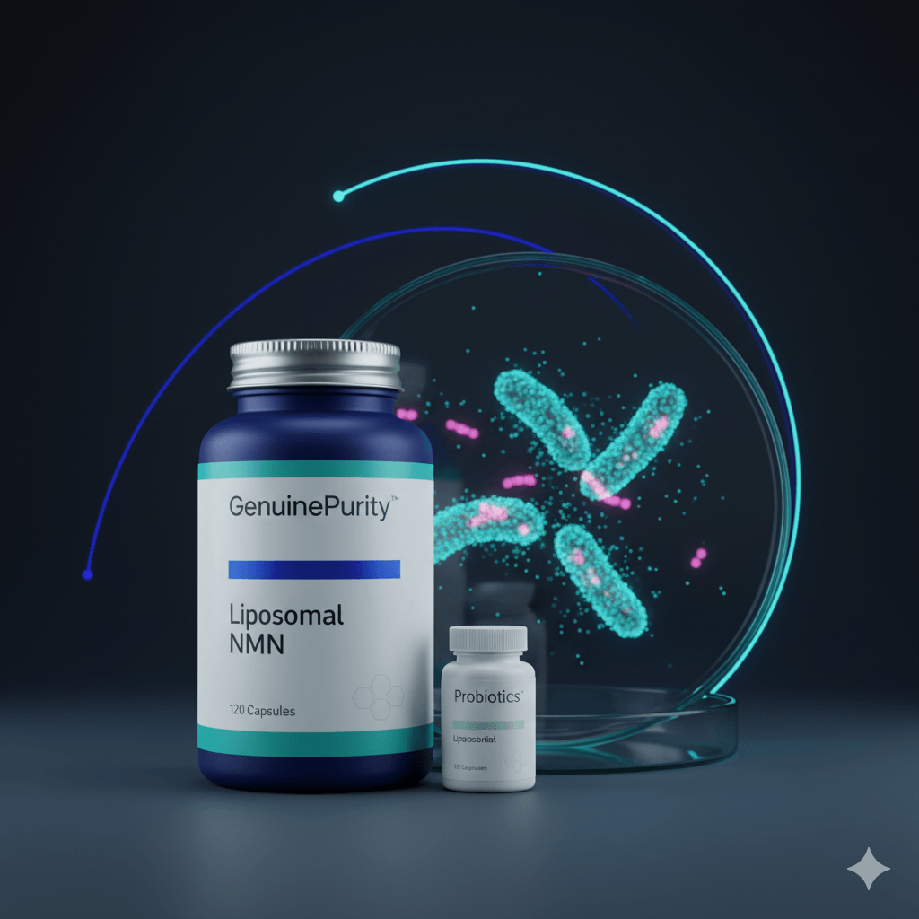 nmn probiotics gut health — studio still-life with bioluminescent microbiome in a glass petri dish, gut–brain light arc, and GenuinePurity Liposomal NMN