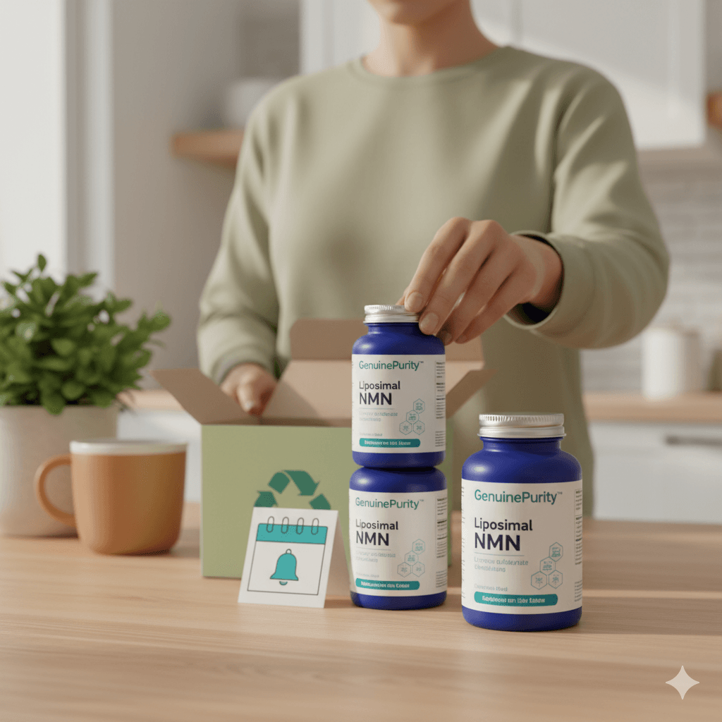 nmn subscription savings — home unboxing of a GenuinePurity Liposomal NMN multi-bottle delivery (no faces)